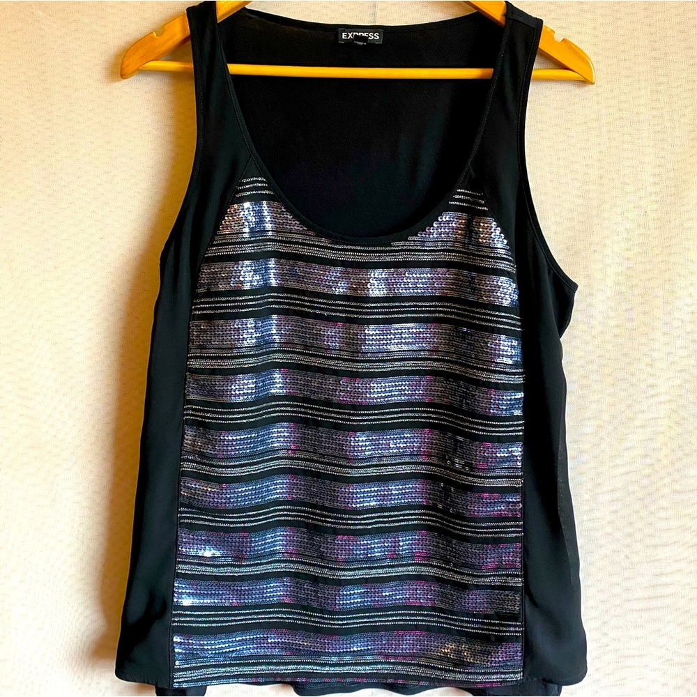 EXPRESS tank top, women’s black & silver shimmering material, size L